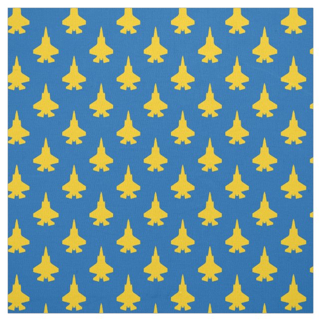 Yellow F-35 Lightning Fighter Jet Pattern on Blue Fabric (Swatch)