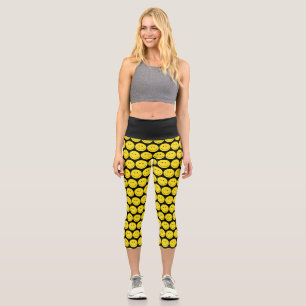 Yellow Face Black Grinning Smile Capri Leggings