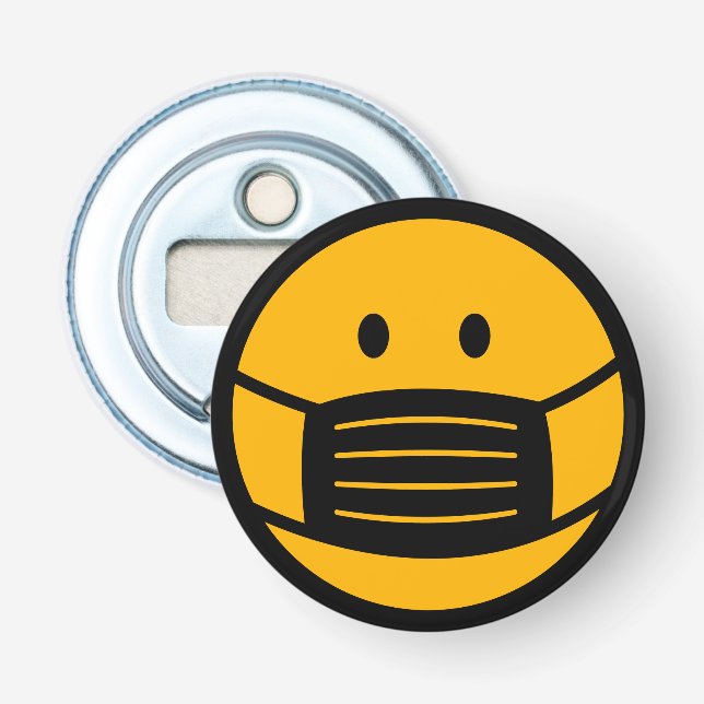 Yellow face mask smily icon emoji symbol magnetic bottle opener (Front)