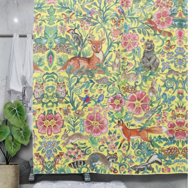 Yellow Fantasy Forest Woodland Animal Flowers Shower Curtain (Creator Uploaded)