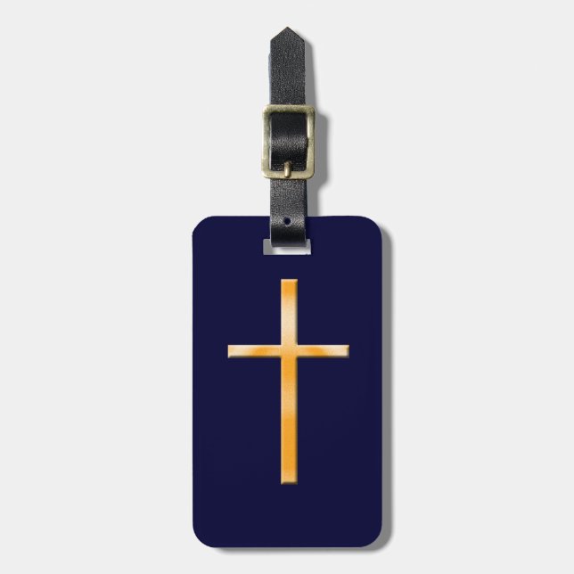 Yellow (faux stone) Religious Cross/Personalise Luggage Tag (Front Vertical)