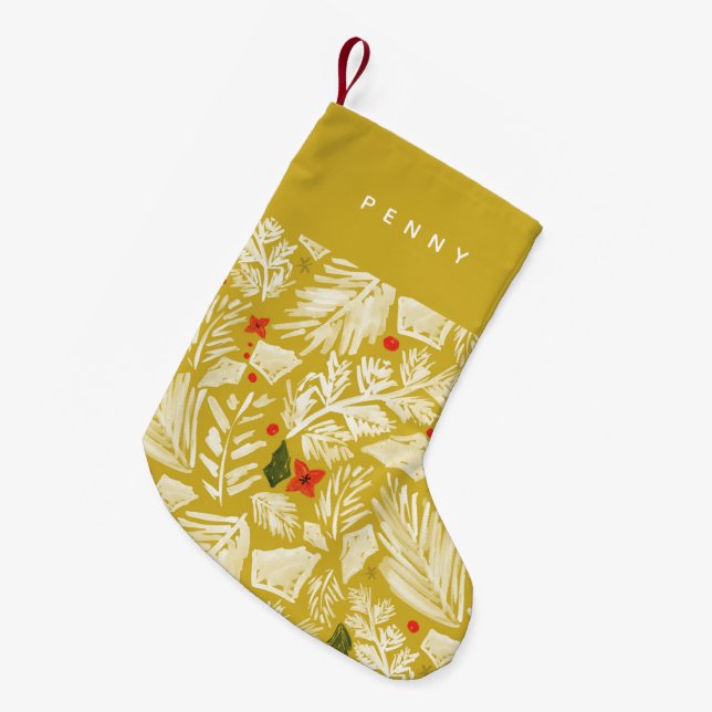 Yellow Festive Botanical Personalised Small Christmas Stocking (Front (Hanging))