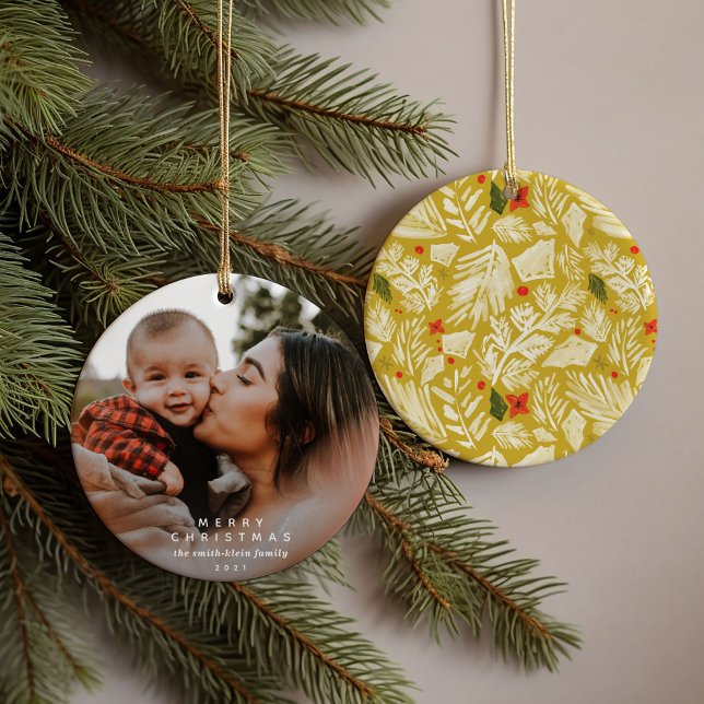 Yellow Festive Botanical Photo Ceramic Tree Decoration (Yellow festive botanical watercolor ornament featuring personalized names and photo.)