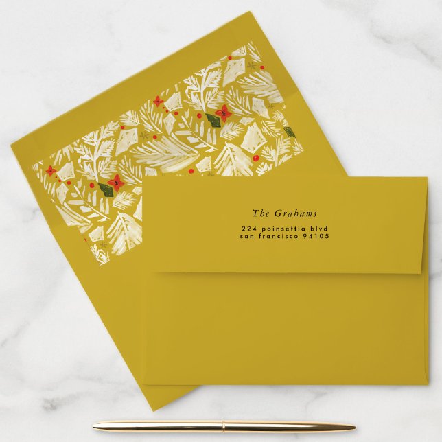 Yellow Festive Botanical Return Address Envelope (Chartreuse Yellow Festive Botanical Return Address Envelope with Patterned Liner)