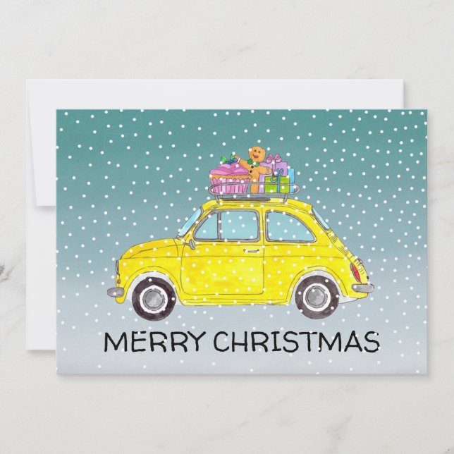 Yellow Fiat 500 with Christmas gifts Holiday Card (Front)