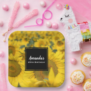 Yellow Field of Sunflowers Photograph Birthday Paper Plate