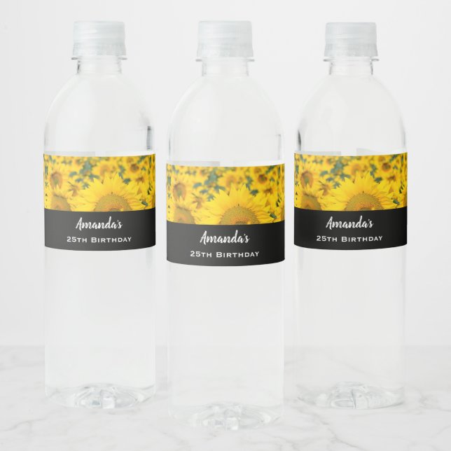 Yellow Field of Sunflowers Photograph Birthday Water Bottle Label (Bottles)