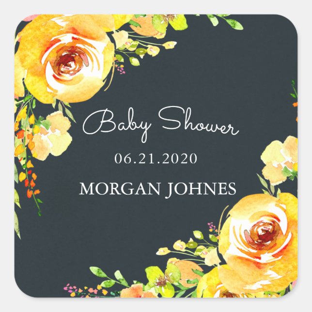yellow fields floral baby shower monogram square sticker (Front)