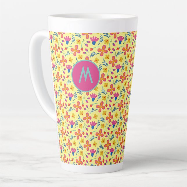 Yellow Fiesta Floral Customised Initial  Latte Mug (Left Angle)