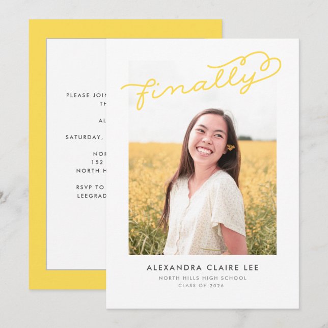 Yellow Finally Photo Graduation Announcement (Front/Back)