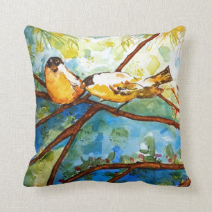 Yellow Finches Watercolor Art Design Pillow 16x16