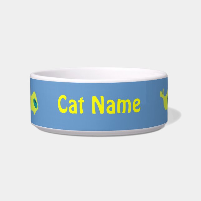 Yellow Fish Custom Name Cat Bowl Cute Pet Dish (Front)