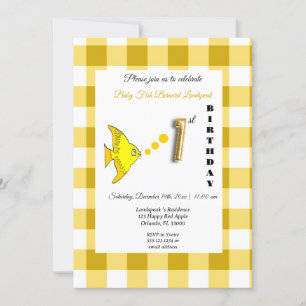 Yellow Fish & Gingham Gold Balloon 1st Birthday Invitation