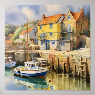 Yellow Fishermans Harbour Cottage Poster