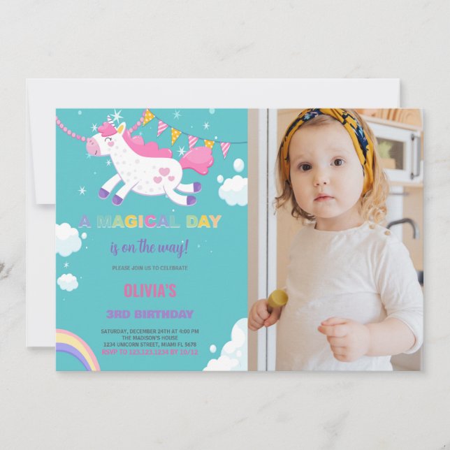 Yellow Flags Unicorn Birthday Invitations w photo (Front)