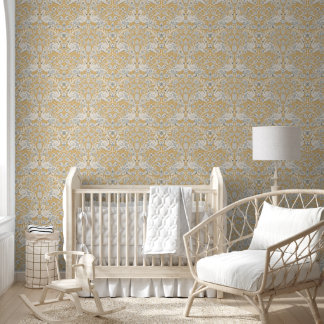 Yellow Flamingo Floral Damask Wallpaper