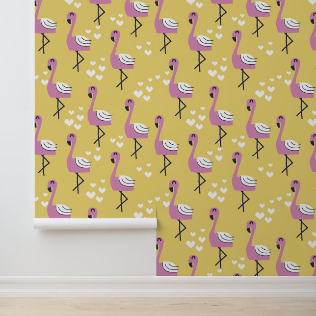 Yellow Flamingo Safari Animals Nursery Wallpaper (Application)