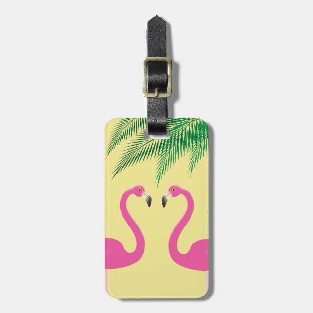 Yellow Flamingos and Palm Leaves Luggage Tag (Front Vertical)