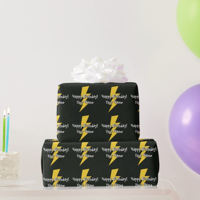 Yellow flash lighting bolt personalised Birthday Wrapping Paper (Party Gifts)