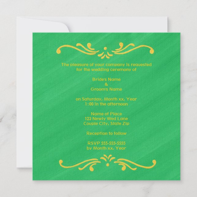 Yellow Fleur De Lis Border on Green Wedding Invite (Front)