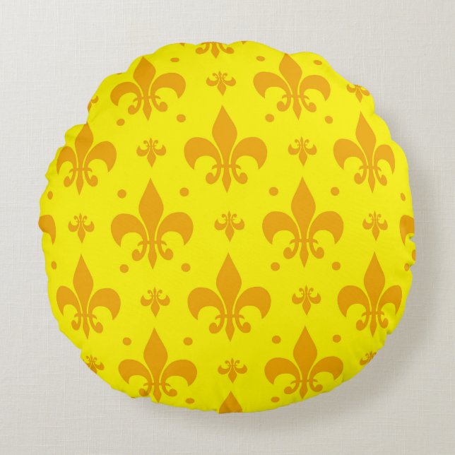 Yellow Fleur-de-lis Pattern Design  Round Cushion (Front)