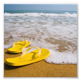 Yellow Flip Flops on the beach Photo Print