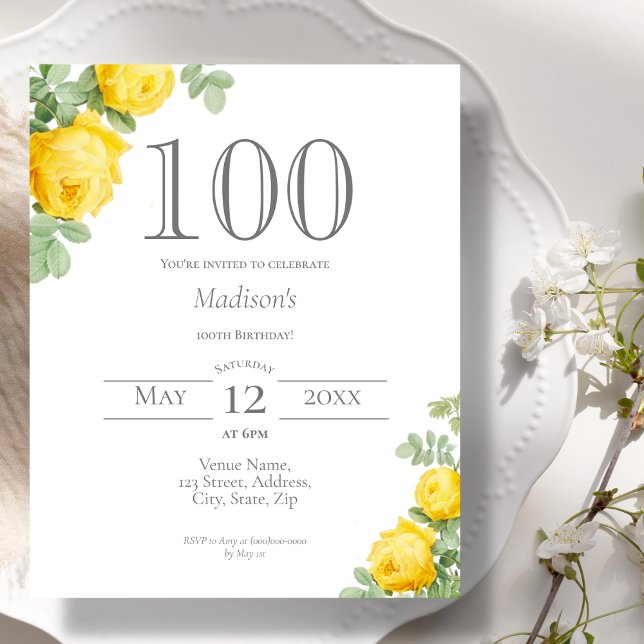 Yellow Floral | 100th Birthday Budget Invitation (Creator Uploaded)