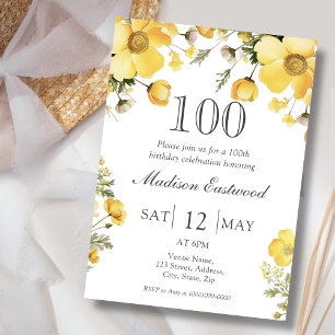 Yellow Floral 100th Birthday Invitation