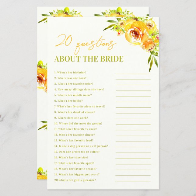Yellow Floral 20 Questions About the Bride Game (Front/Back)