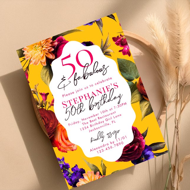 Yellow Floral 50 & Fabulous 50th Birthday Party Invitation (Creator Uploaded)