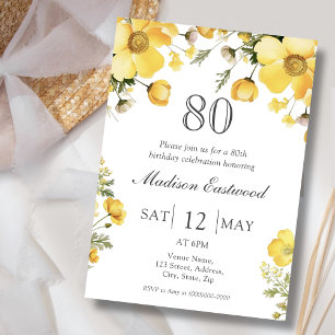 Yellow Floral 80th Birthday Invitation