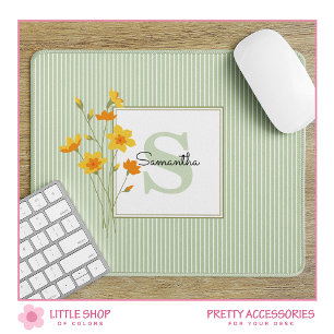 Yellow Floral and Green Stripes Monogrammed Mouse Mat