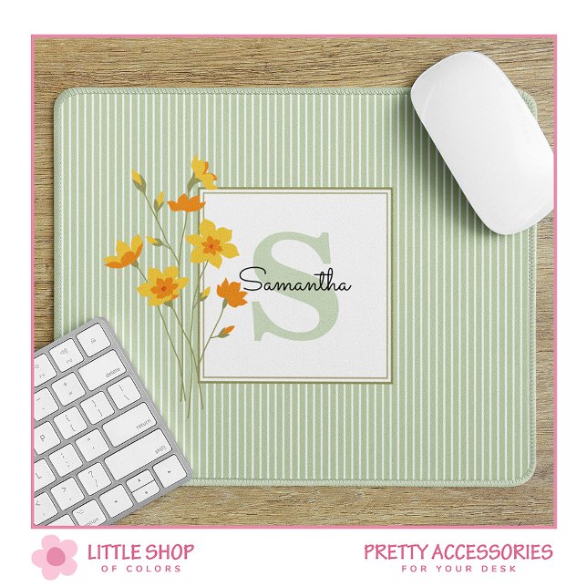 Yellow Floral and Green Stripes Monogrammed Mouse Mat (Creator Uploaded)