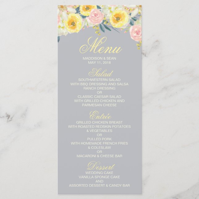 Yellow Floral and Grey Wedding Menu Card (Front)