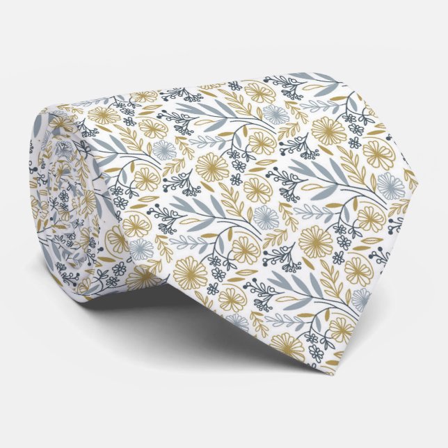 Yellow Floral And Leaves Pattern Chic Wedding Tie (Rolled)