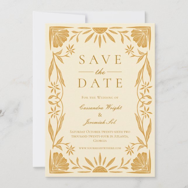Yellow Floral and Sunshine Wedding Save The Date Invitation (Front)