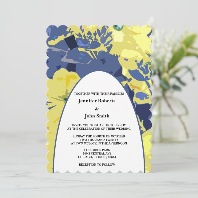 Yellow Floral Artsy Dusty Blue Custom Arch Wedding Invitation (Standing Front)