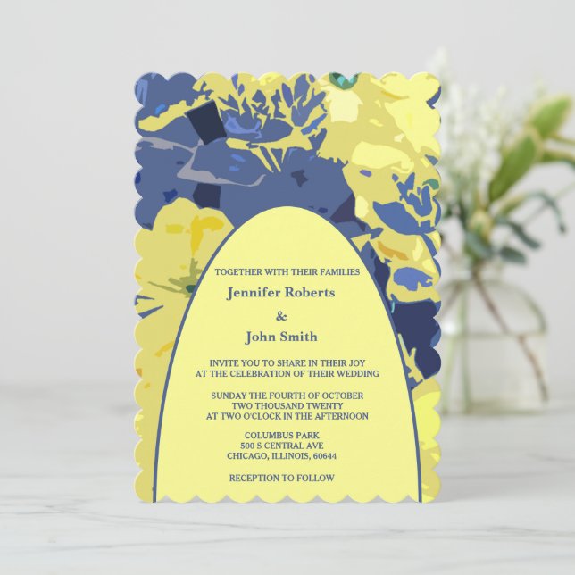 Yellow Floral Artsy Dusty Blue Garden Arch Wedding Invitation (Standing Front)