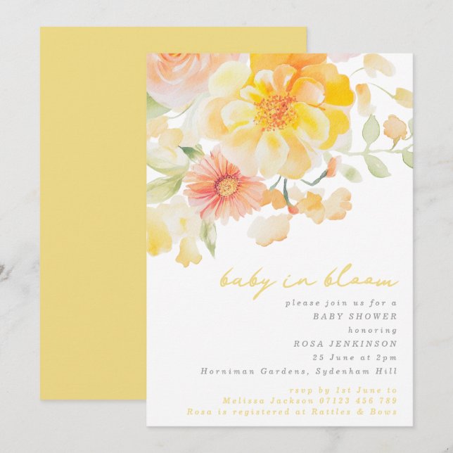 Yellow Floral Baby in Bloom Summer Baby Shower Invitation (Front/Back)