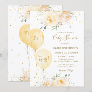 Yellow Floral Balloons Neutral Twins Baby Shower Invitation