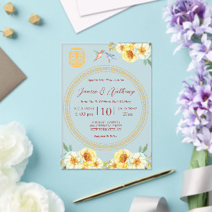 Yellow floral bird elegant red Chinese wedding Acrylic Invitations