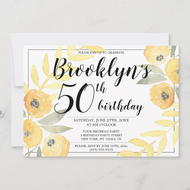 Yellow Floral Birthday Party Invitations Script (Front)