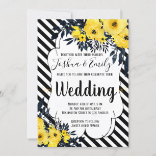 Yellow Floral Black Strips Wedding Invitation