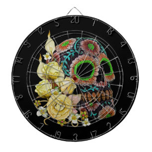 Yellow Floral Black Sugar Skull Day Of The Dead Dartboard
