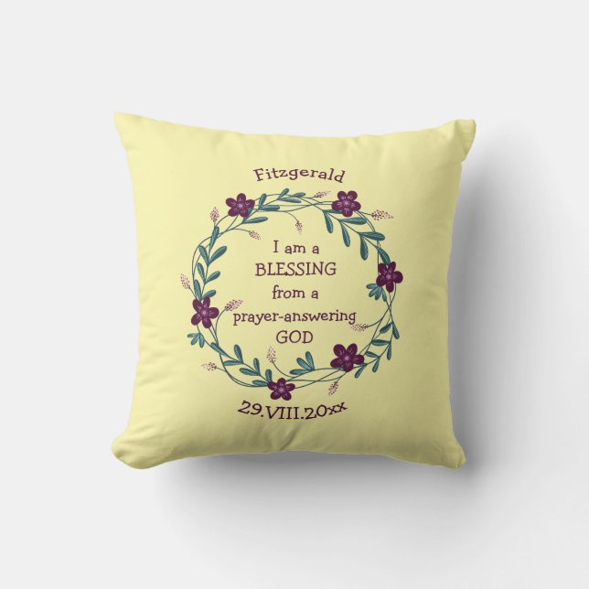 Yellow Floral Blessing Personalised Christian Baby Cushion (Front)