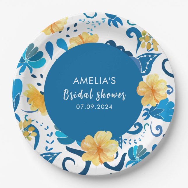 Yellow Floral blue italian bridal shower  Paper Plate (Front)