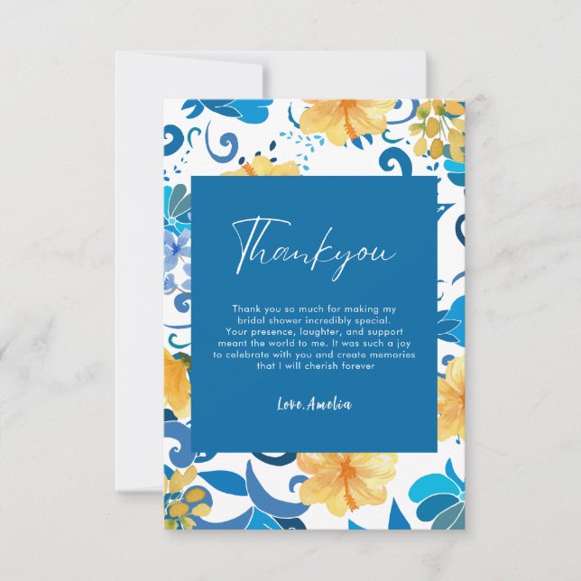 Yellow Floral blue italian bridal shower  Thank You Card (Front)