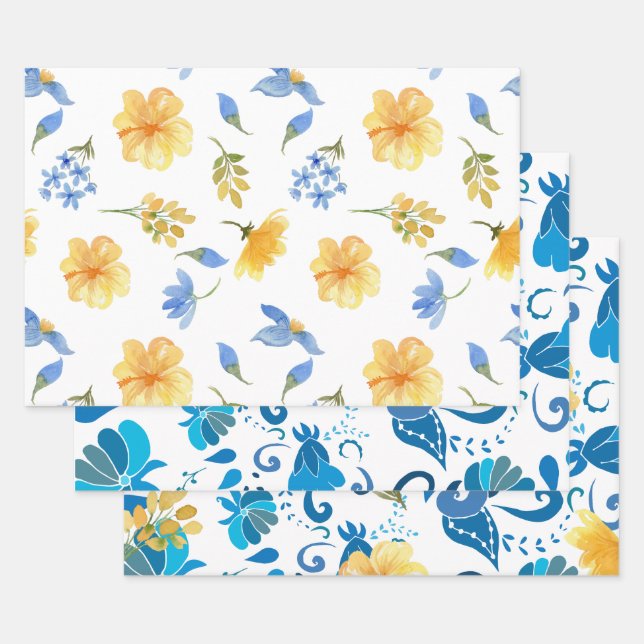 Yellow Floral blue tiles Italian bridal shower  Wrapping Paper Sheet (Set)