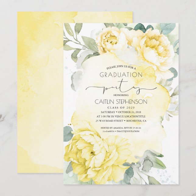Yellow Floral Botanical Greenery Graduation Invitation (Front/Back)