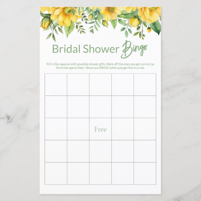 Yellow Floral Bridal Shower Game BINGO (Front)